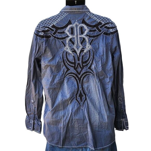 Roar Signature Button Up‎ Shirt Men Sz L Embroidered Blue Designer - Picture 3 of 7